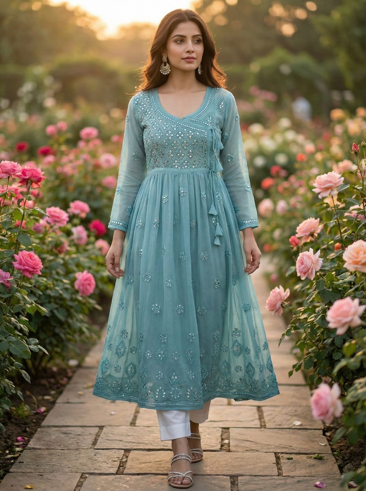 AAI Planet Beautiful Georgette chikankari Kurti with Mirror